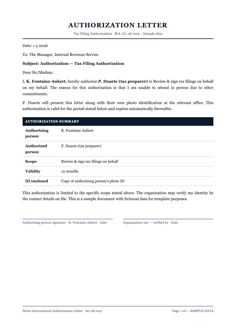 Swiss international authorization letter